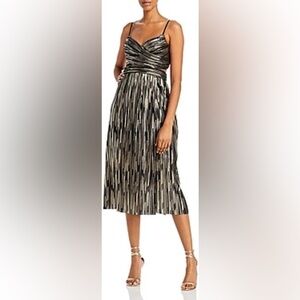 Aidan Mattox Black and Gold Pleated Cutout Back Midi Dress